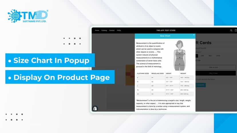 Display size chart in Popup or add on product page