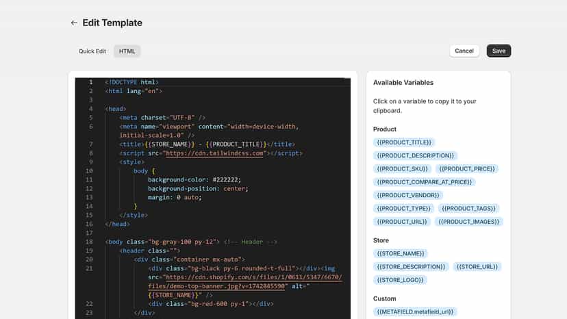 Custom html with meta tags.