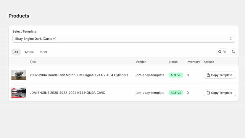 Products list with template copy button