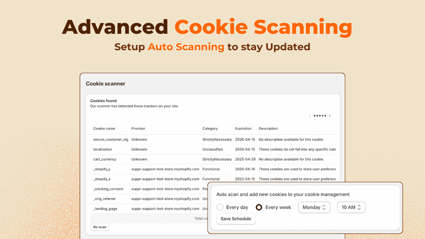 Automated cookie scanner for Shopify stores.