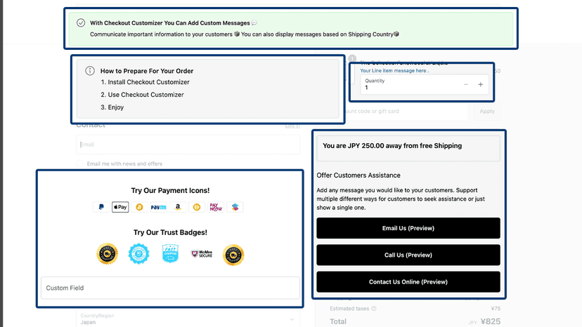 Add Custom Message, Contact Information , Trust Badges
