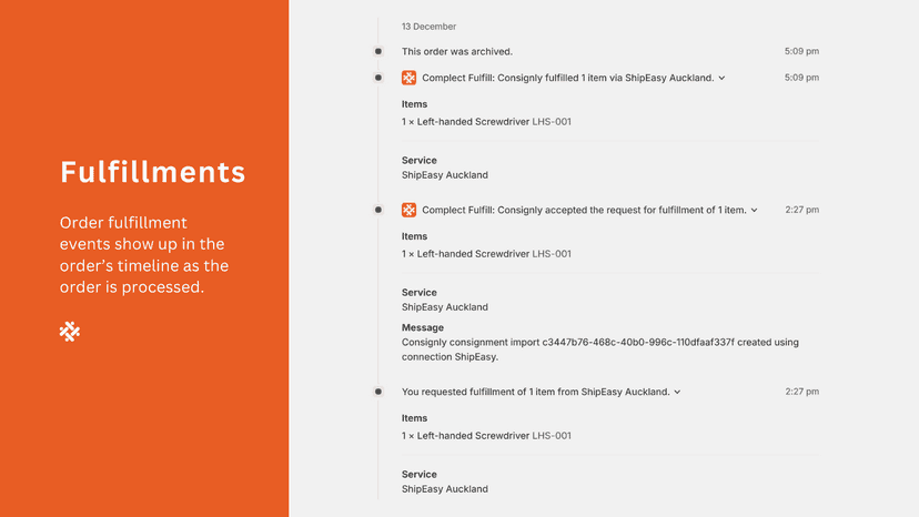 Order fulfillment events on order timeline