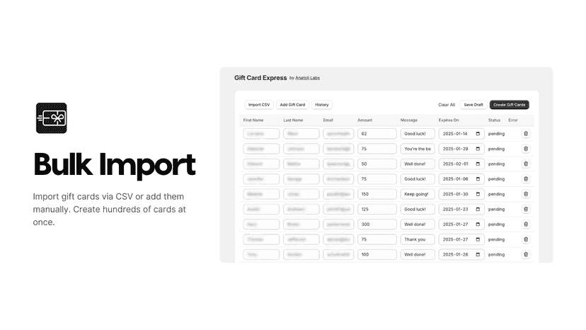 Gift card interface showing table of recipient details