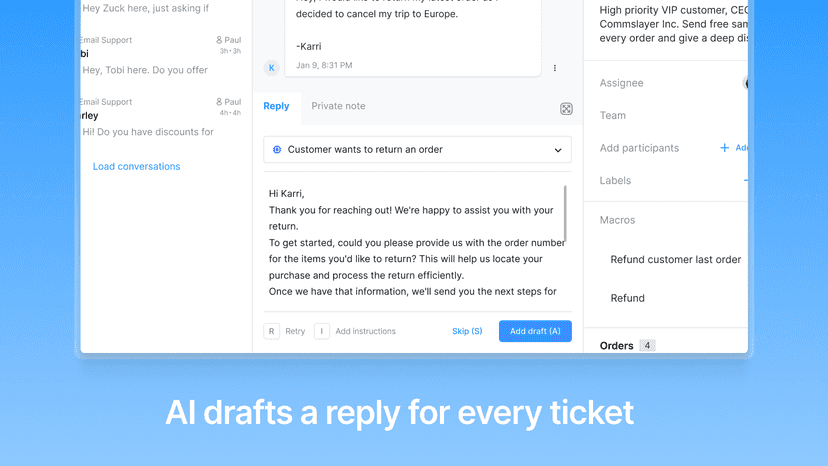 AI drafts a reply to every ticket in chat