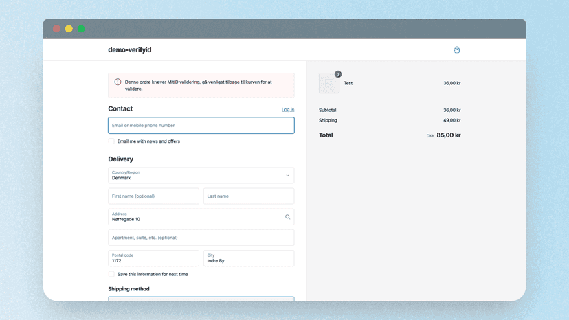 Checkout Validation: VerifyID ‑ MitID Aldersbekræft