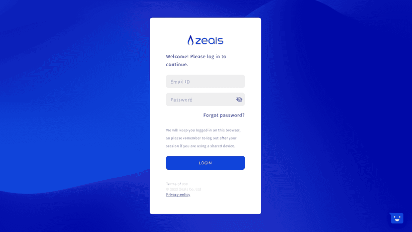 Login page that shows up when you install Zeals app