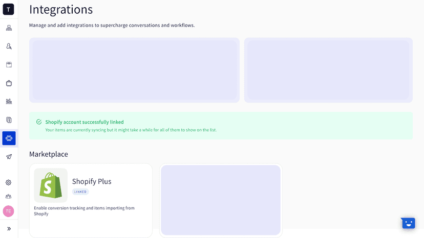 Shopify connection status on Chat commerce platform