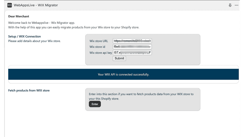 Webappslive - Wix Migrator - setup page
