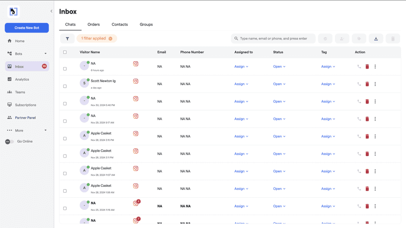 This page showcases the Inbox panel of the platform.