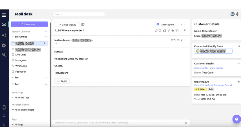 Repli Desk showing an email with an customer support reply