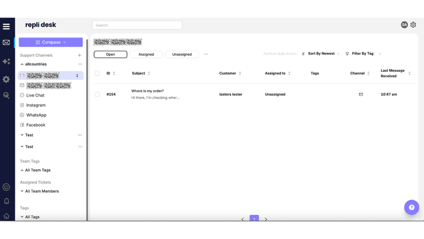 Repli Desk inbox showing an email ticket.