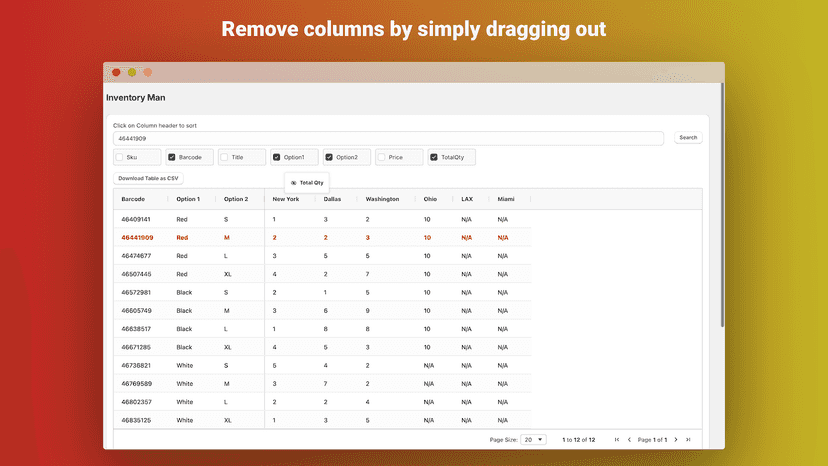 Remove columns from view by simply dragging the header out