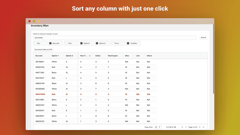 Sort any column by clicking on the header