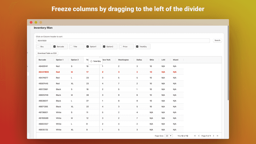 Freeze columns by dragging to the left of the divider