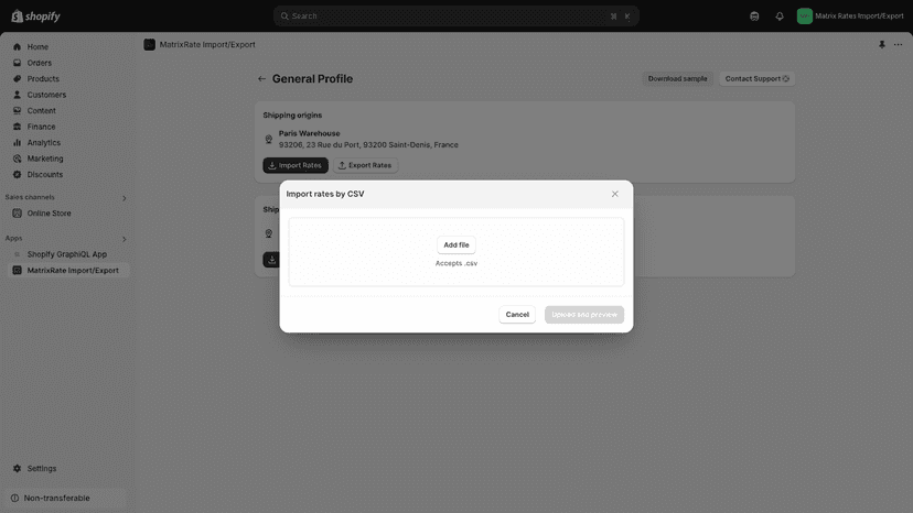 CSV import modal for shipping rates in MatrixRates app