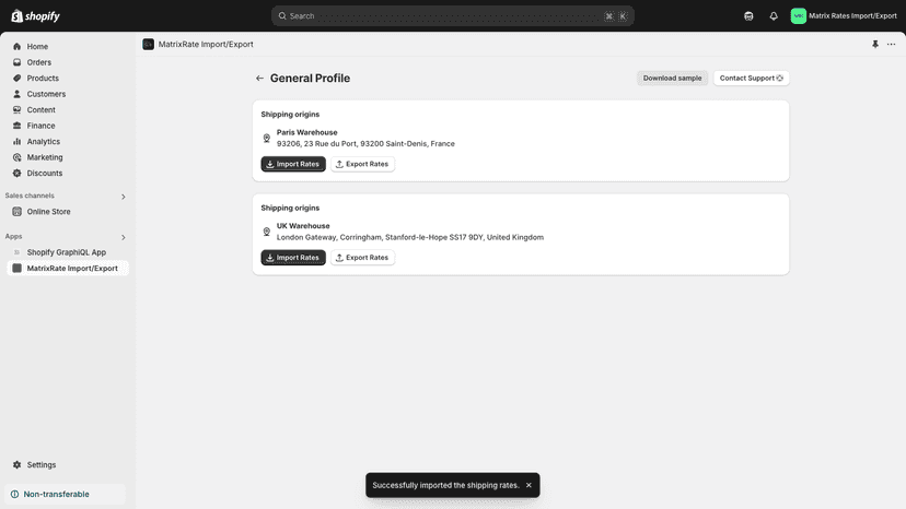 MatrixRates app showing successful import notification