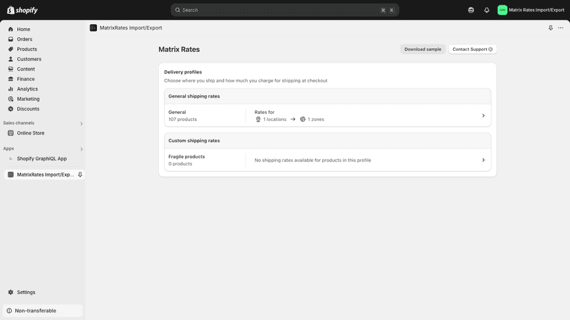 MatrixRates app showing delivery profiles