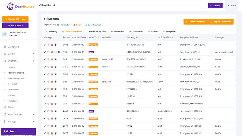 Shipments Page