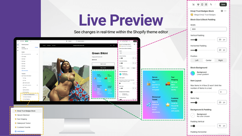 Mega Emoji Trust Badges - Shopify live preview in theme editor