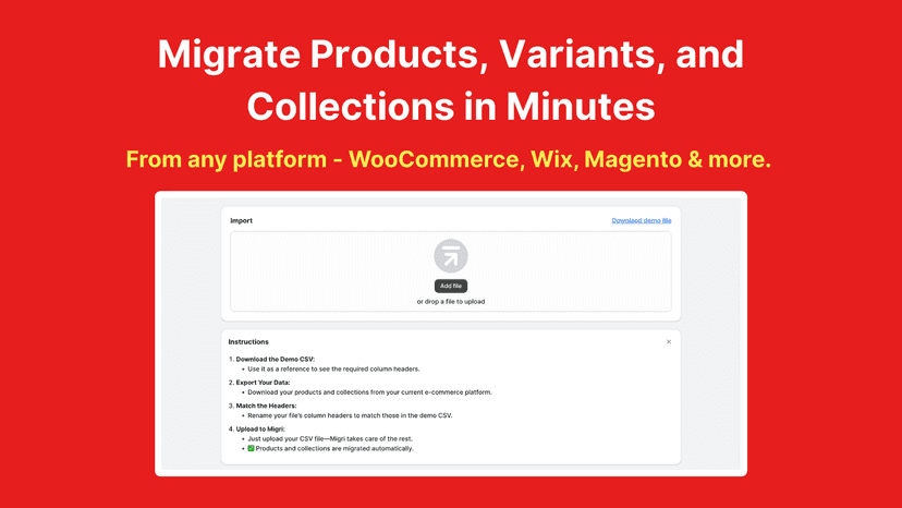 migrate products and collections from woocmmerce, magnento, etc