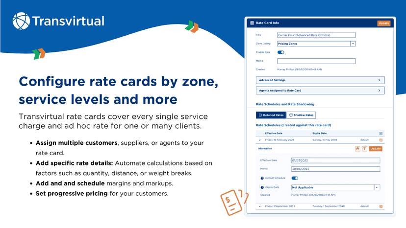 Configure rate cards by zone, service levels and more.