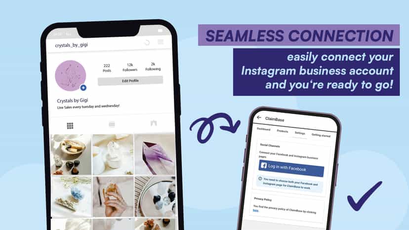 iPhone mockups showing how to connect IG account to Claimbase