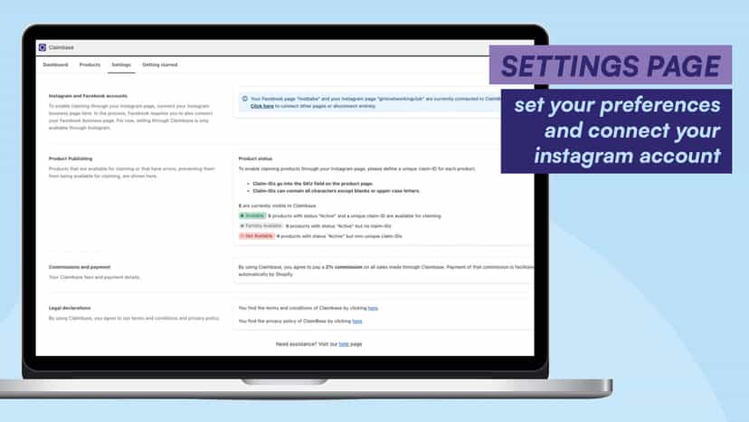 Laptop mockup showing the Settings page of the Claimbase UI