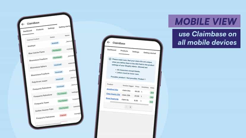 iPhone mockups showing screenshots of Claimbase in mobile view