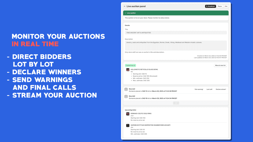 Live auction control panel