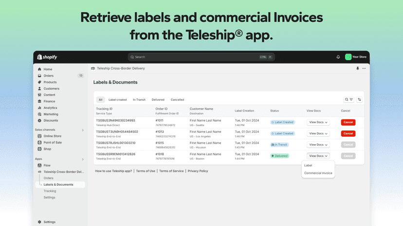 Retrieve labels and Commercial Invoices from Teleship® app.