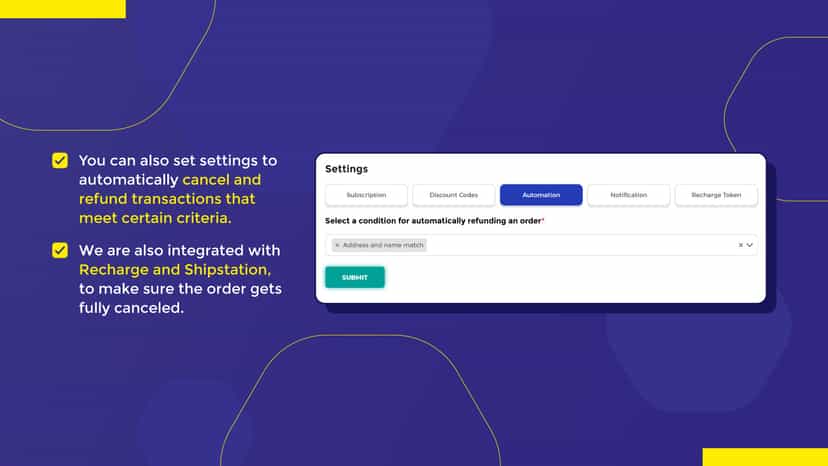 Settings page, including criteria for automatic refunds
