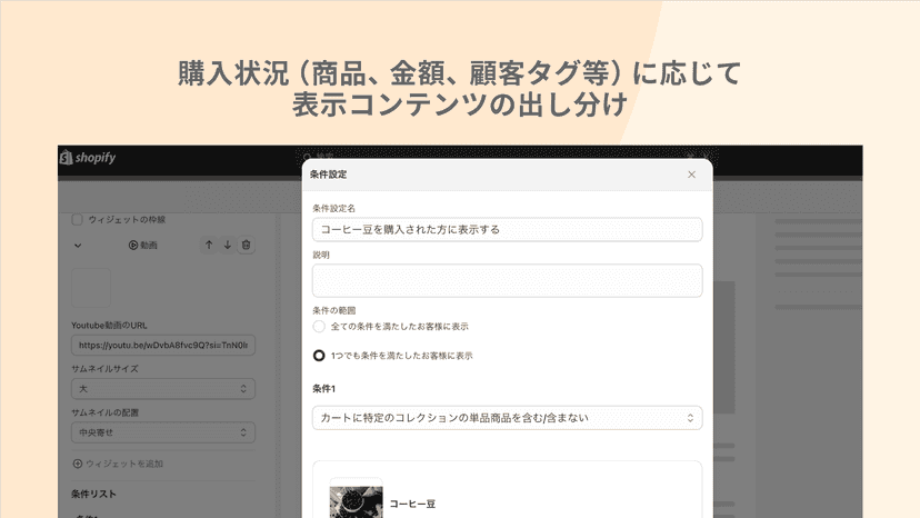 購入状況(商品、金額、顧客タグ等)に応じて表示コンテンツの出しわけ