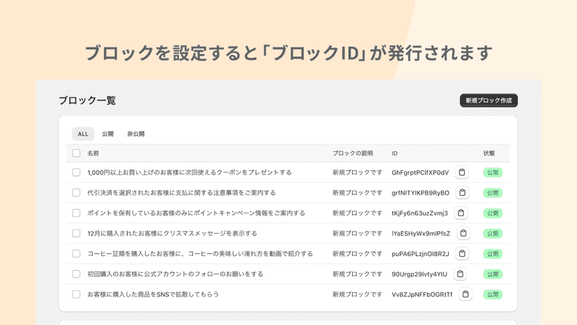 ブロックを設定するとIDが発行されます