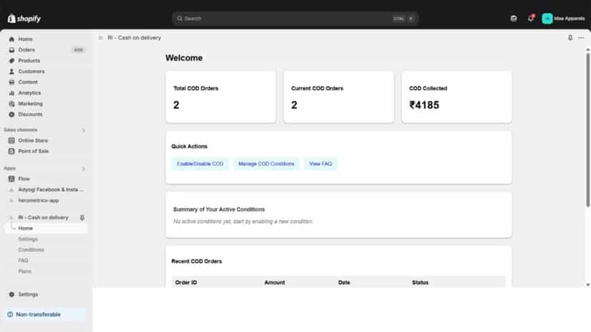 Dashboard for COD settings