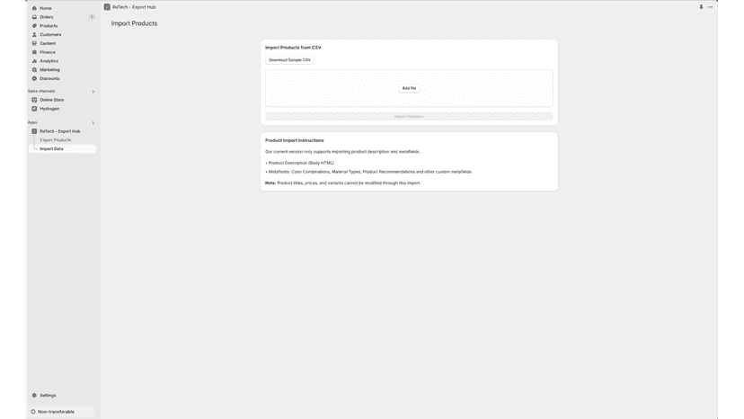 Product Data Import Screen
