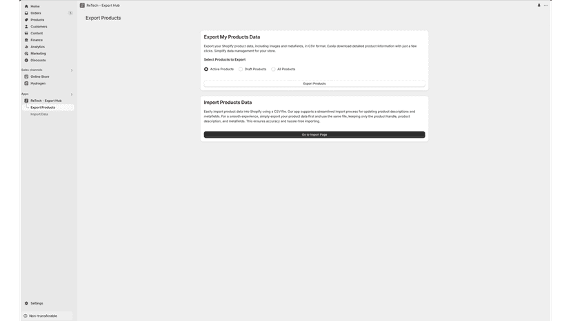 Product Export screen