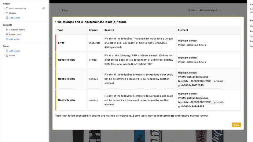 View accessibility issues in the theme customizer