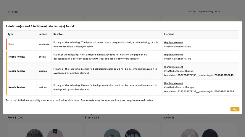 Modal displaying an accessibility report