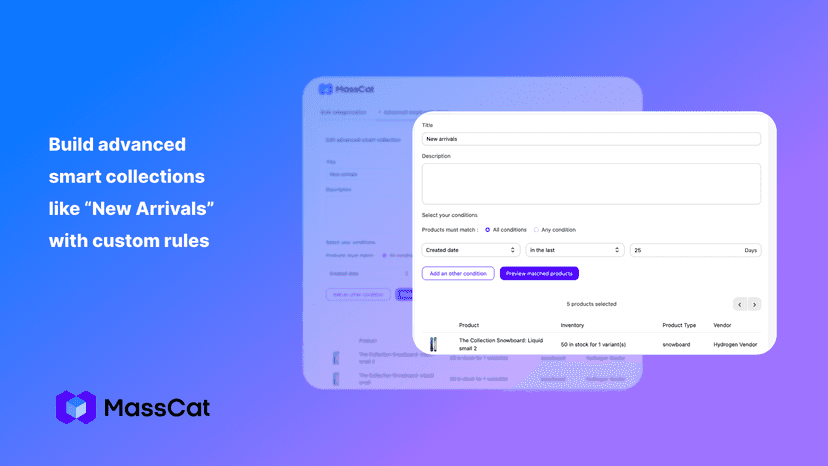 Build advanced smart collections like “New Arrivals” with rules