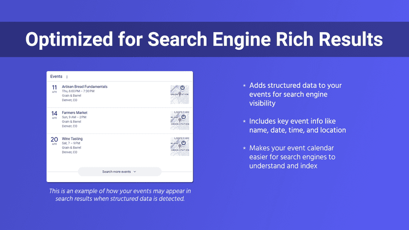 Example of event listings with search engine enhancements