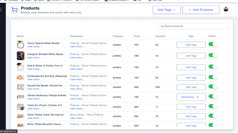 Products Tab on Jinn Dashboard