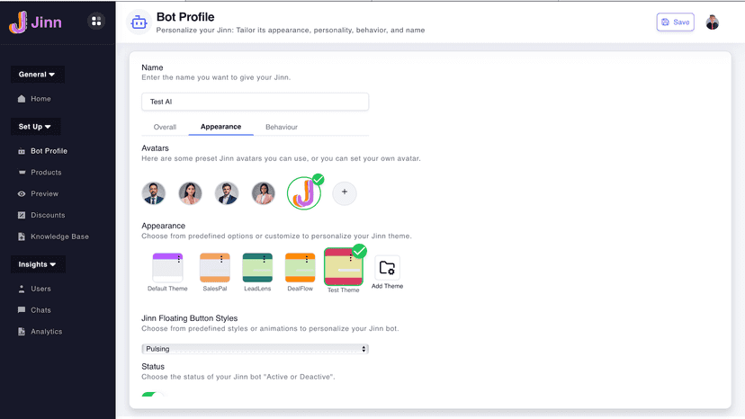 Bot Profile Tab on Jinn Dashboard