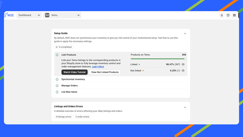 Dashboard in M2E Cloud - Temu Importer
