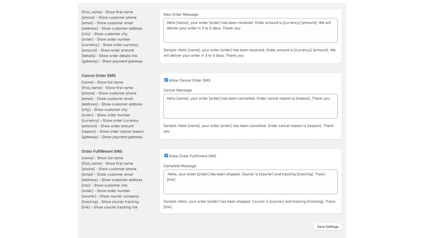 Config SMS Template With Keywords