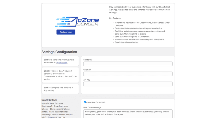 oZone Sender Settings