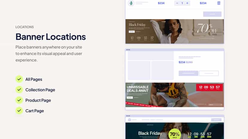 Flexible banner placements for all pages, collections, and carts