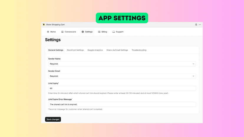 Share Shopping Cart App Settings