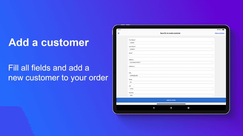 Fill all fields and add a new customer to your order