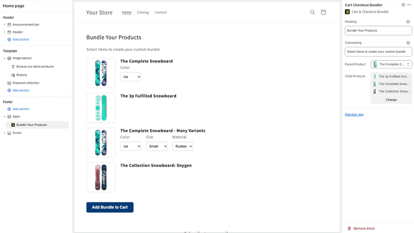 Theme editor showing Cart Checkout Bundler section and products