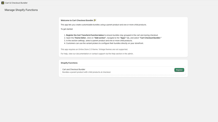 App dashboard with Cart Transform Function registration button